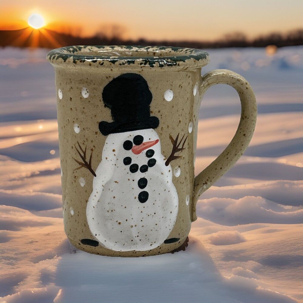 Vintage Three Rivers Pottery Folk Art Snowman Mug Coshocton Ohio 3.5”‎